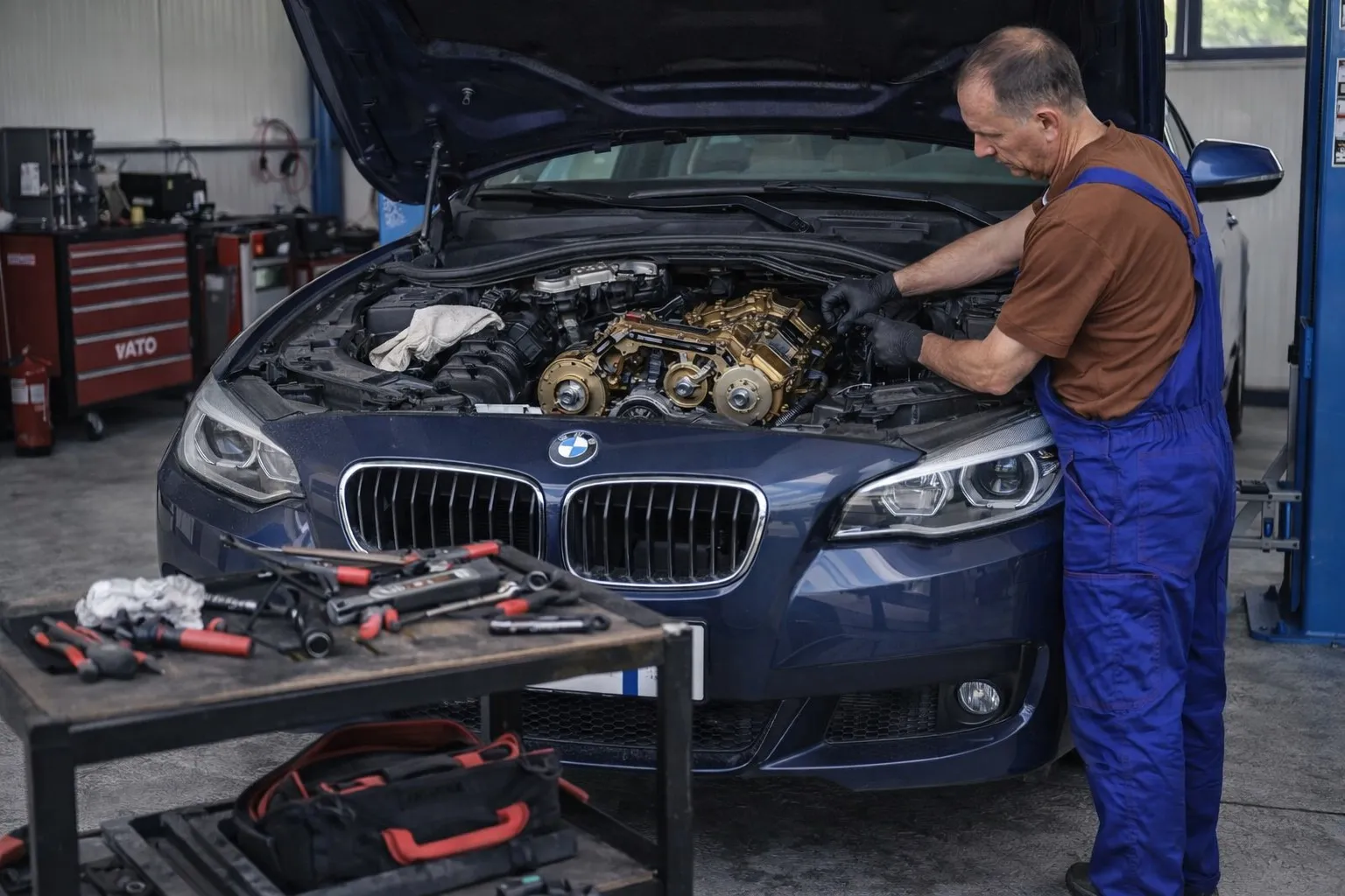 Mecanic lucrând la motorul unui autoturism în service-ul auto